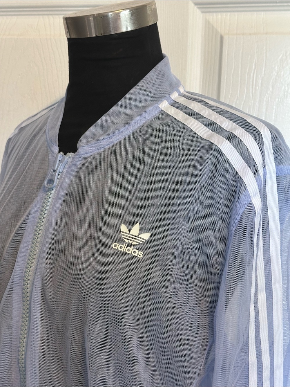 Adidas Track Top Jacket Sheer Mesh Tulle Periwinkle Blue & White Stripes Small - Picture 10 of 14